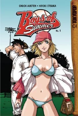 The cover of Boys of Summer by Chuck Austen and Hiroki Otsuka; a girl in a bikini and baseball gear with her shirt falling off and a man in the background who is wearing a baseball uniform.