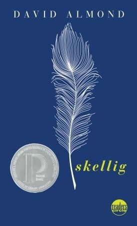 The cover of Skellig by David Almond; a plain blue background with a white feather outlined on it.