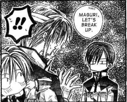 Shizumasa breaking up with Maguri while Haine sticks her tongue at him.