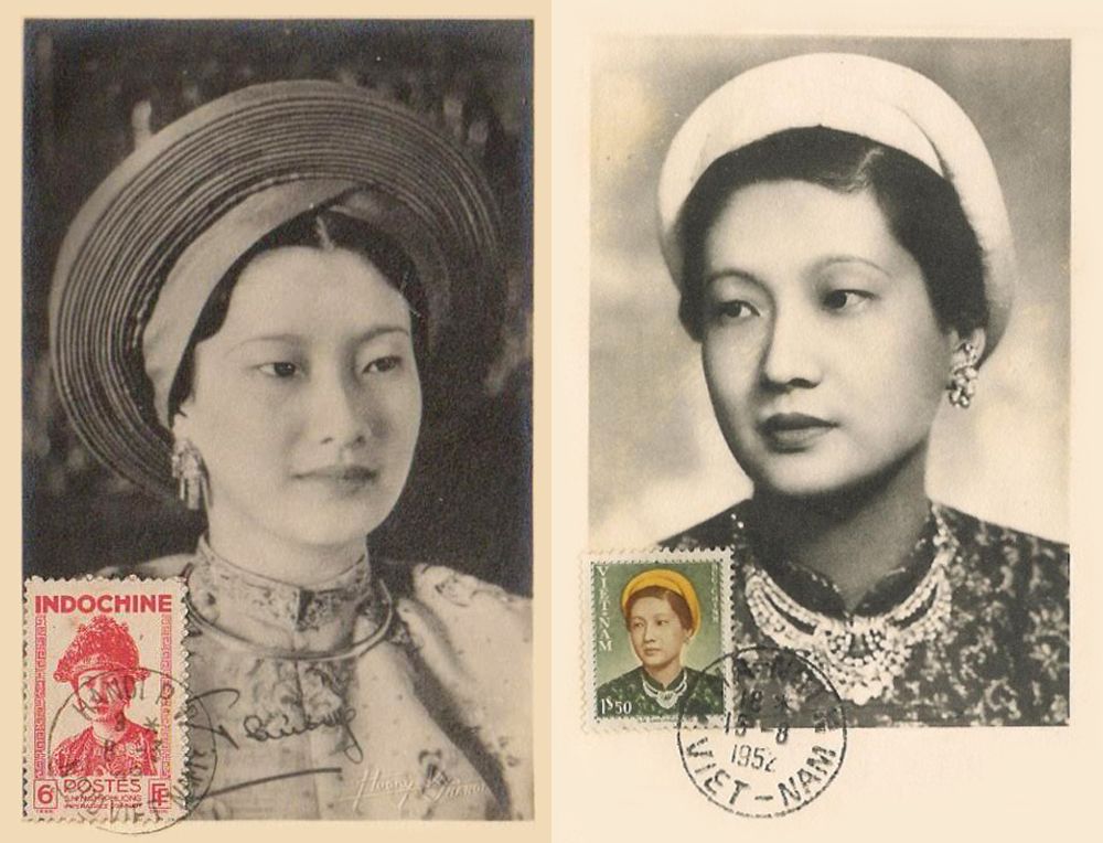 Chân dung Nam Phương Hoàng hậu trên 2 con tem phát hànhđầu thập niên 1950.
