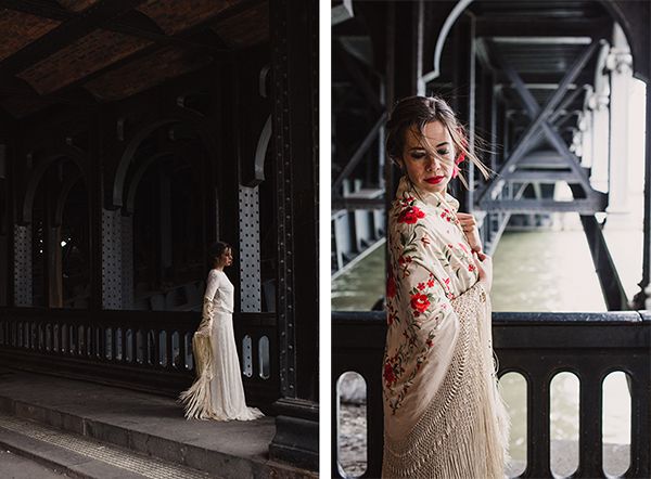 Inspiración para novias con vestido de Otaduy y mantón antiguo.