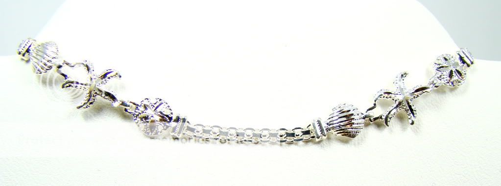 Karat Sterling Silver Sealife Shells and Starfish Anklet 10  