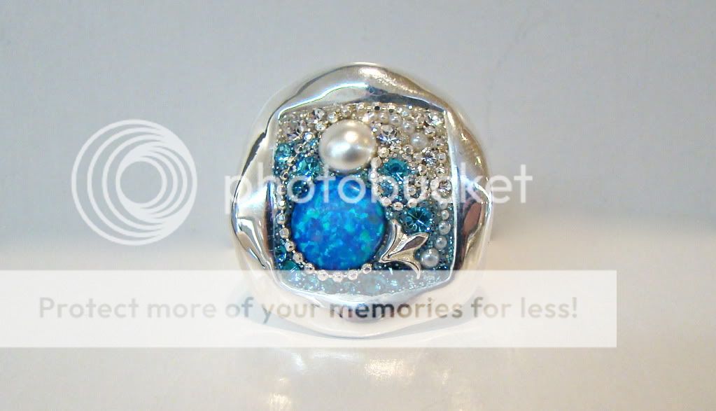   Silver Sterling, Lab Opal & Swarovski Crystal Ring Size 6.5  