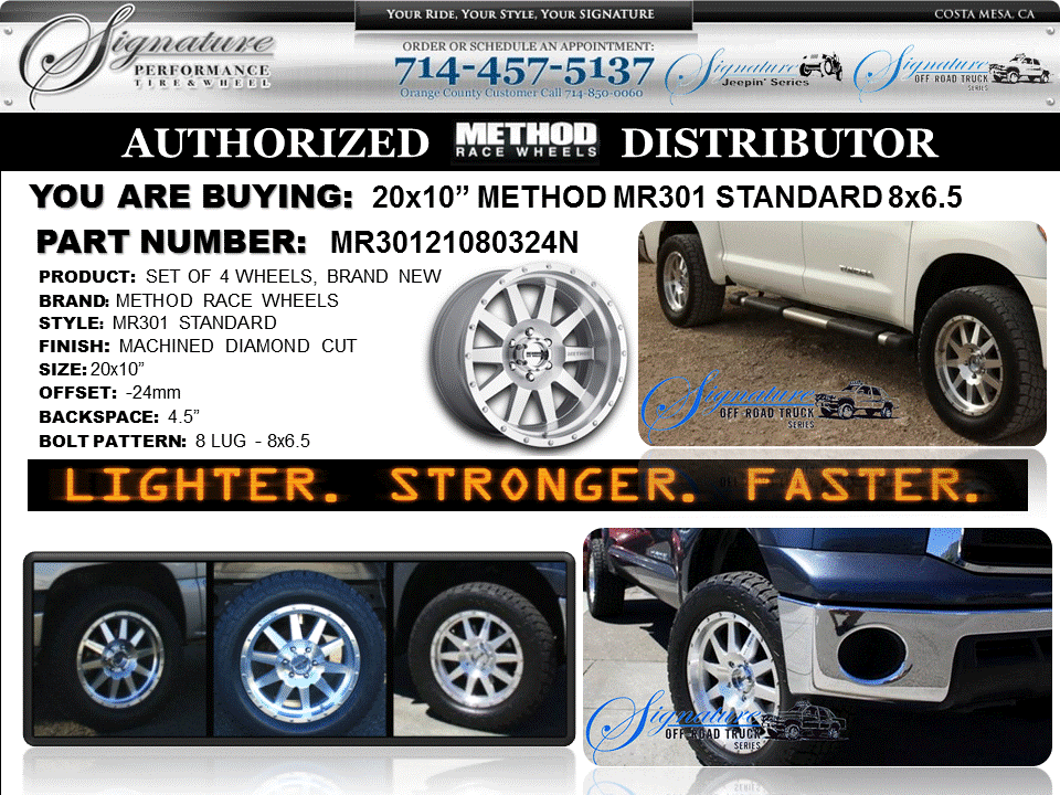 Method MR301 Standard 20x10 Machined Wheels 8x6 5 Qty 4 Chevy HD RAM